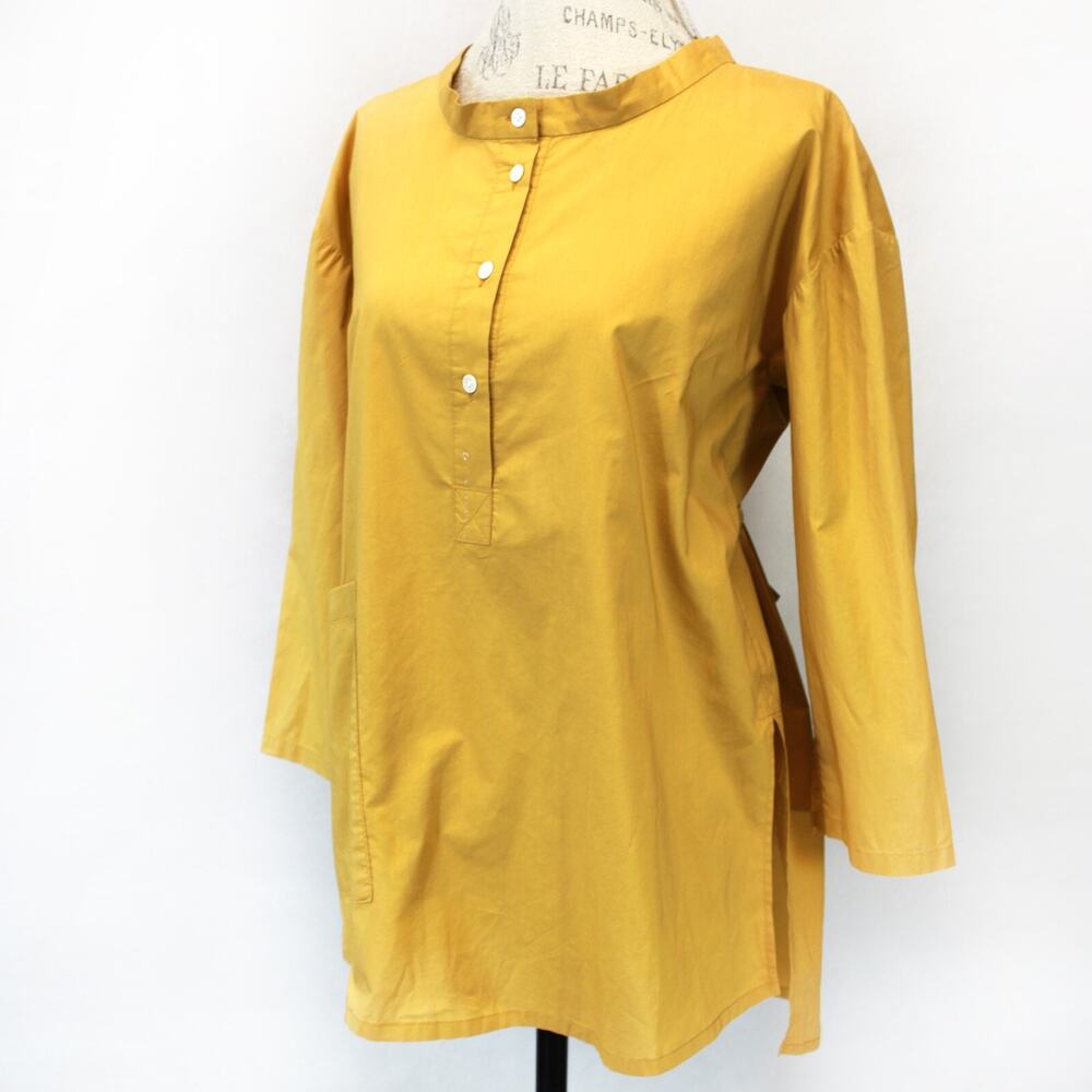 Yoshi Kondo Paris mustard yellow Cotton Tunic Shirt Blouse Band Collar Small